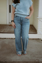 Hidden Ella Medium Wash High Rise Cuffed Classic Straight Jean