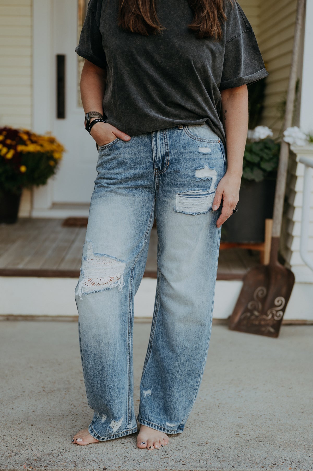 Saige Denim High Rise Barrel with Crochet