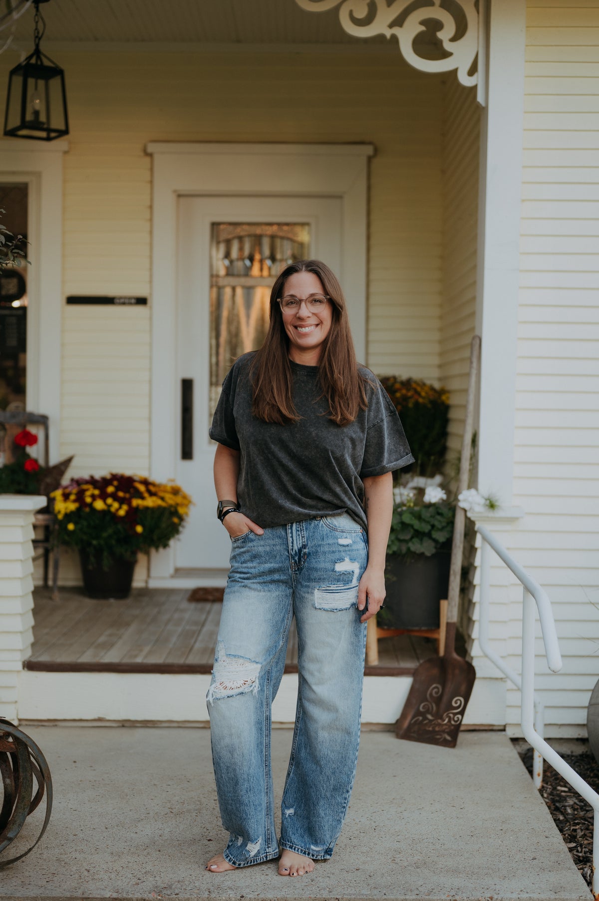 Saige Denim High Rise Barrel with Crochet