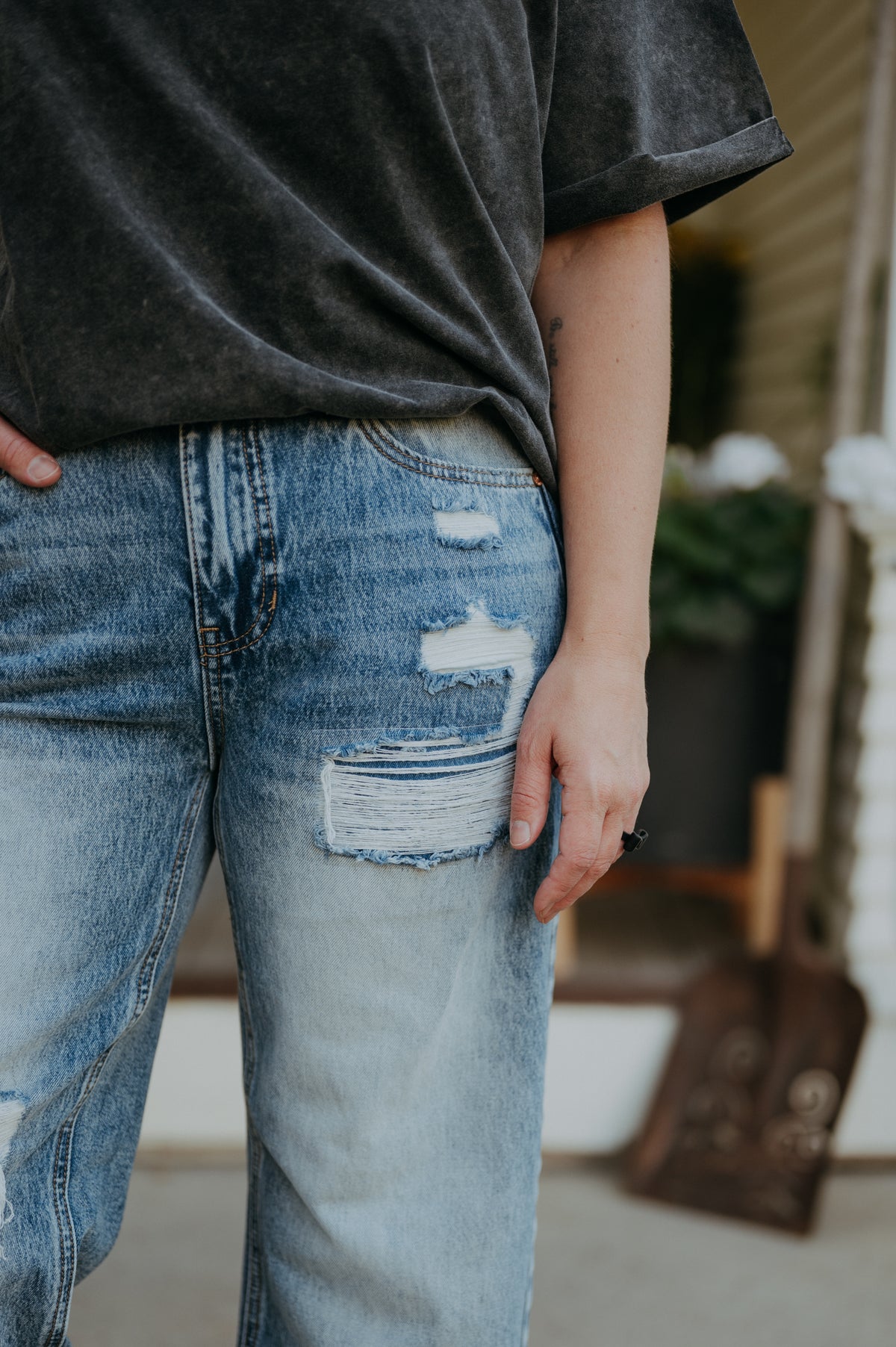 Saige Denim High Rise Barrel with Crochet