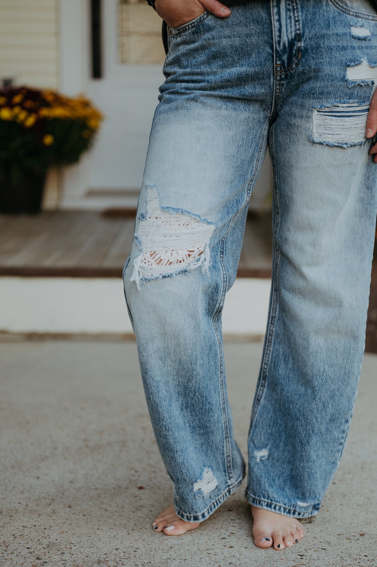 Saige Denim High Rise Barrel with Crochet