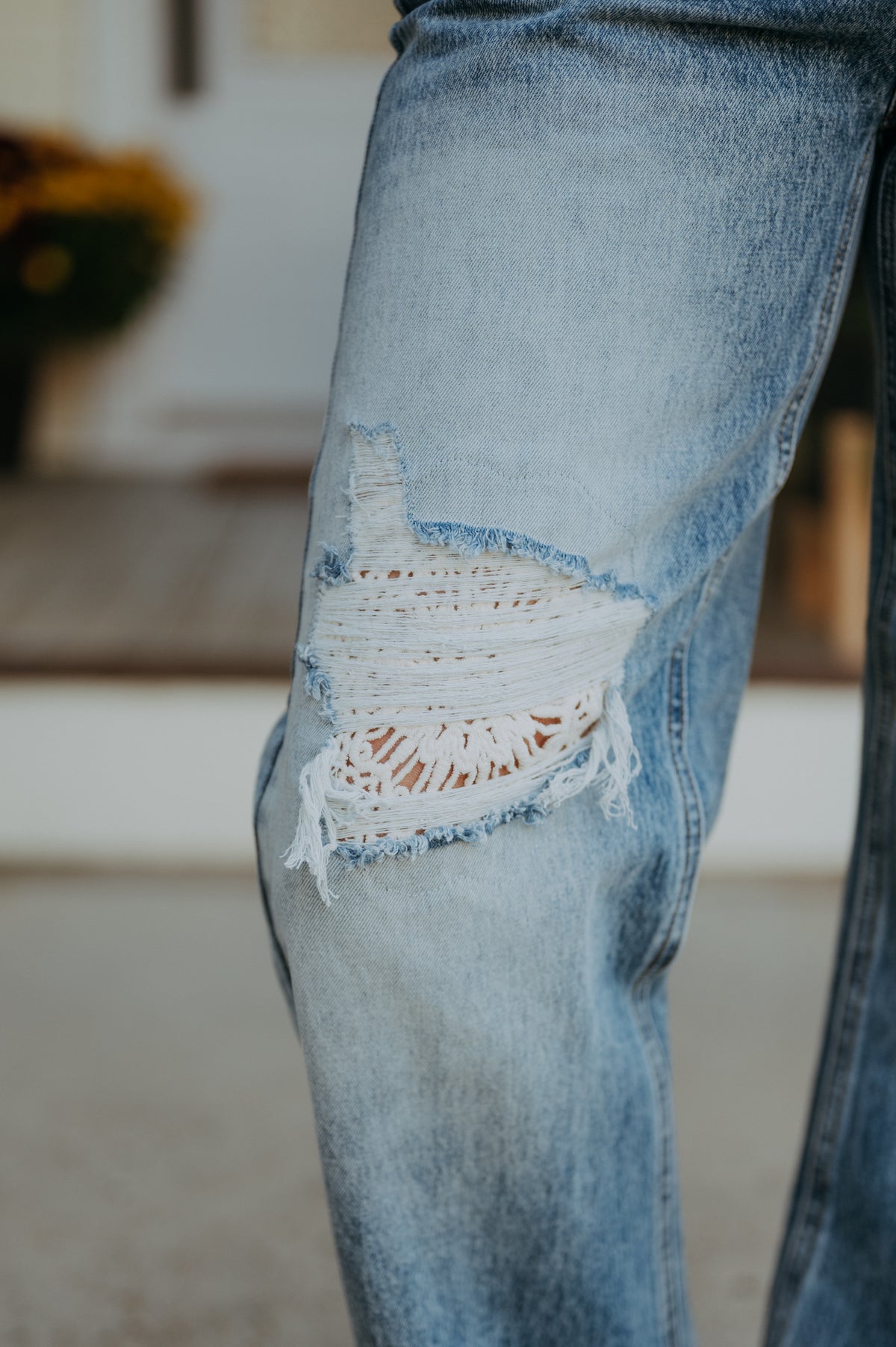 Saige Denim High Rise Barrel with Crochet