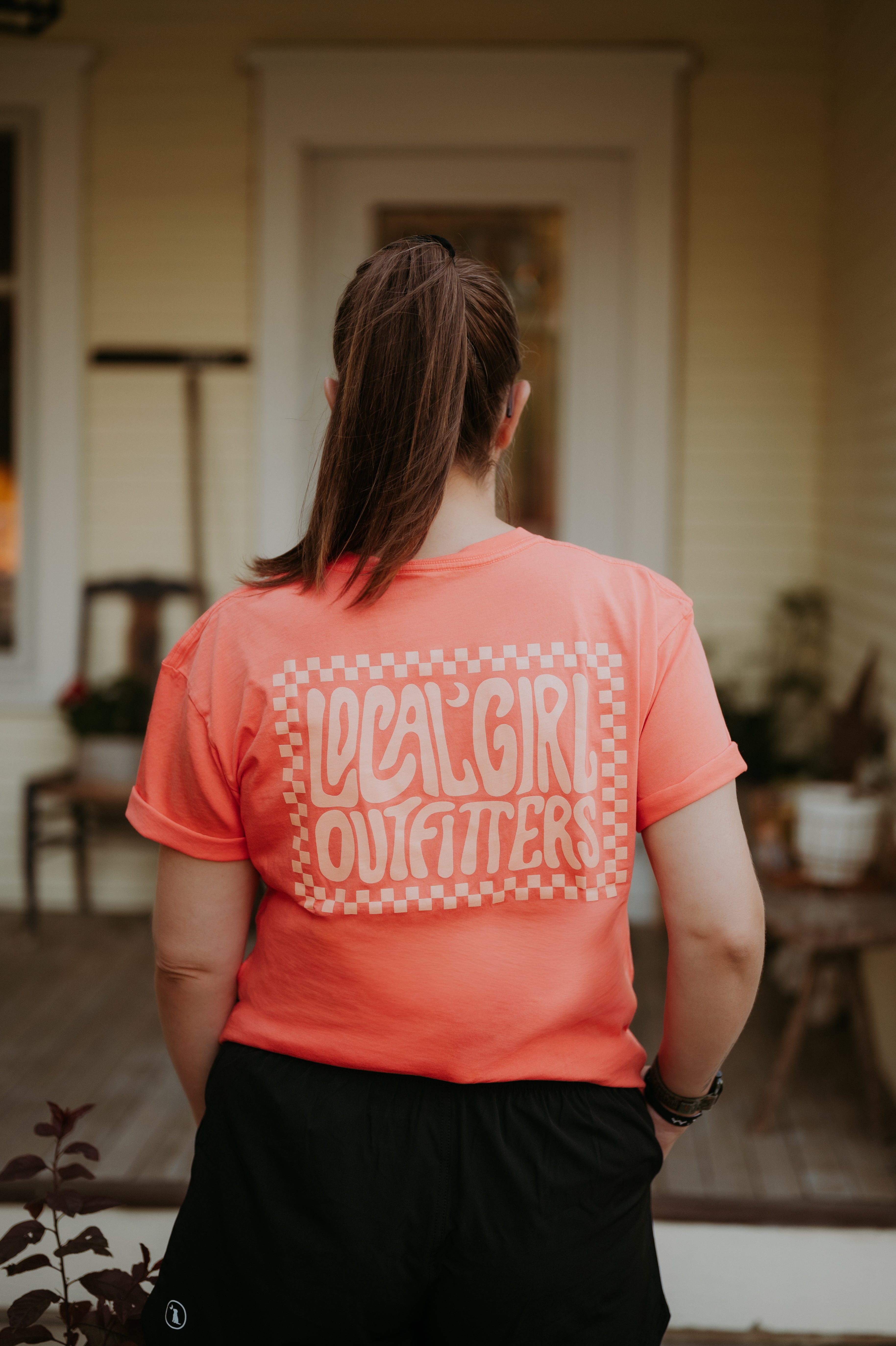 Local Boy Outfitters Local Girl Checkered Charm Tee Coral