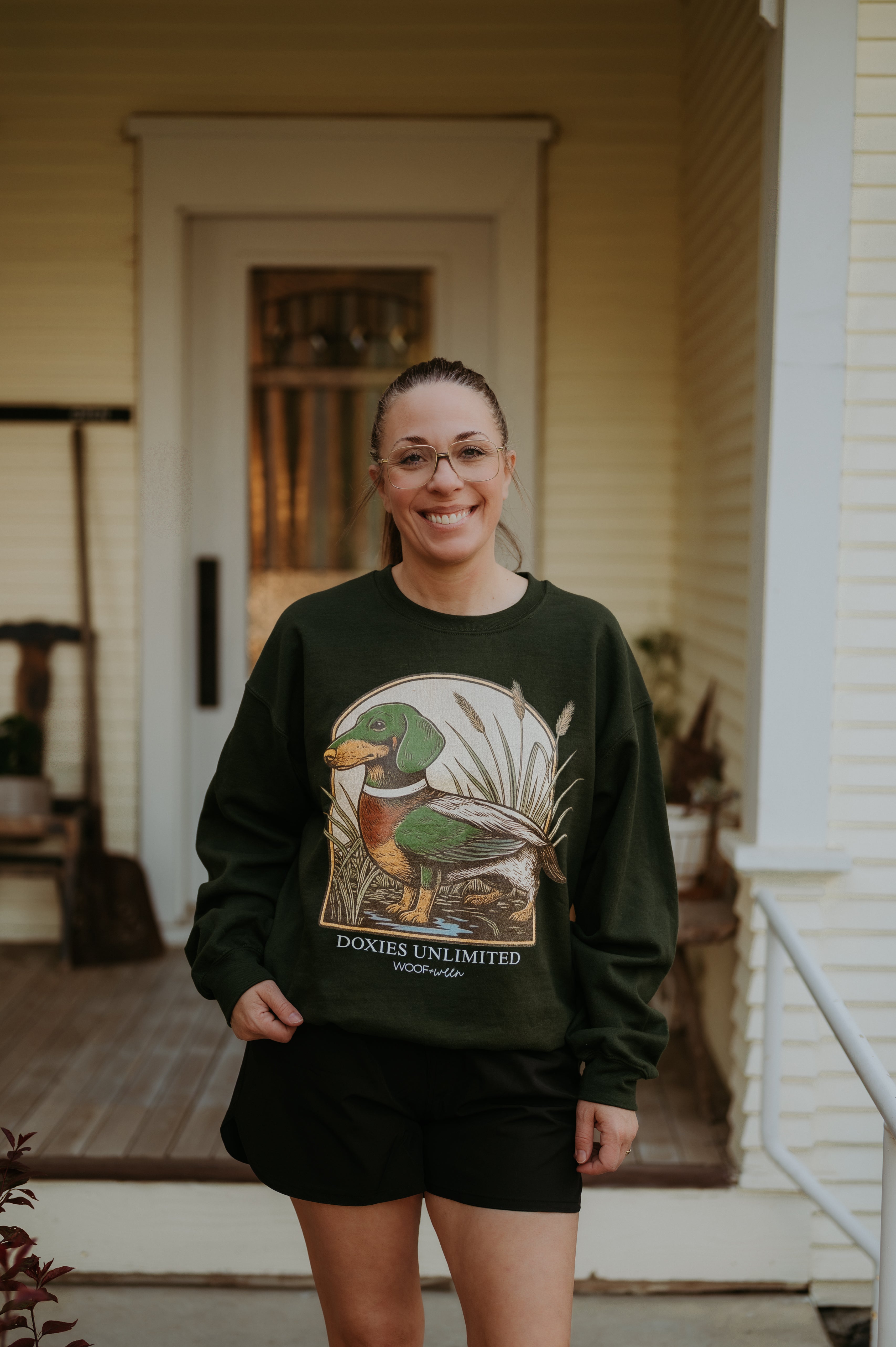 Woof+Ween  Hunting Doxie Duck Crewneck Sweatshirt Forest Green