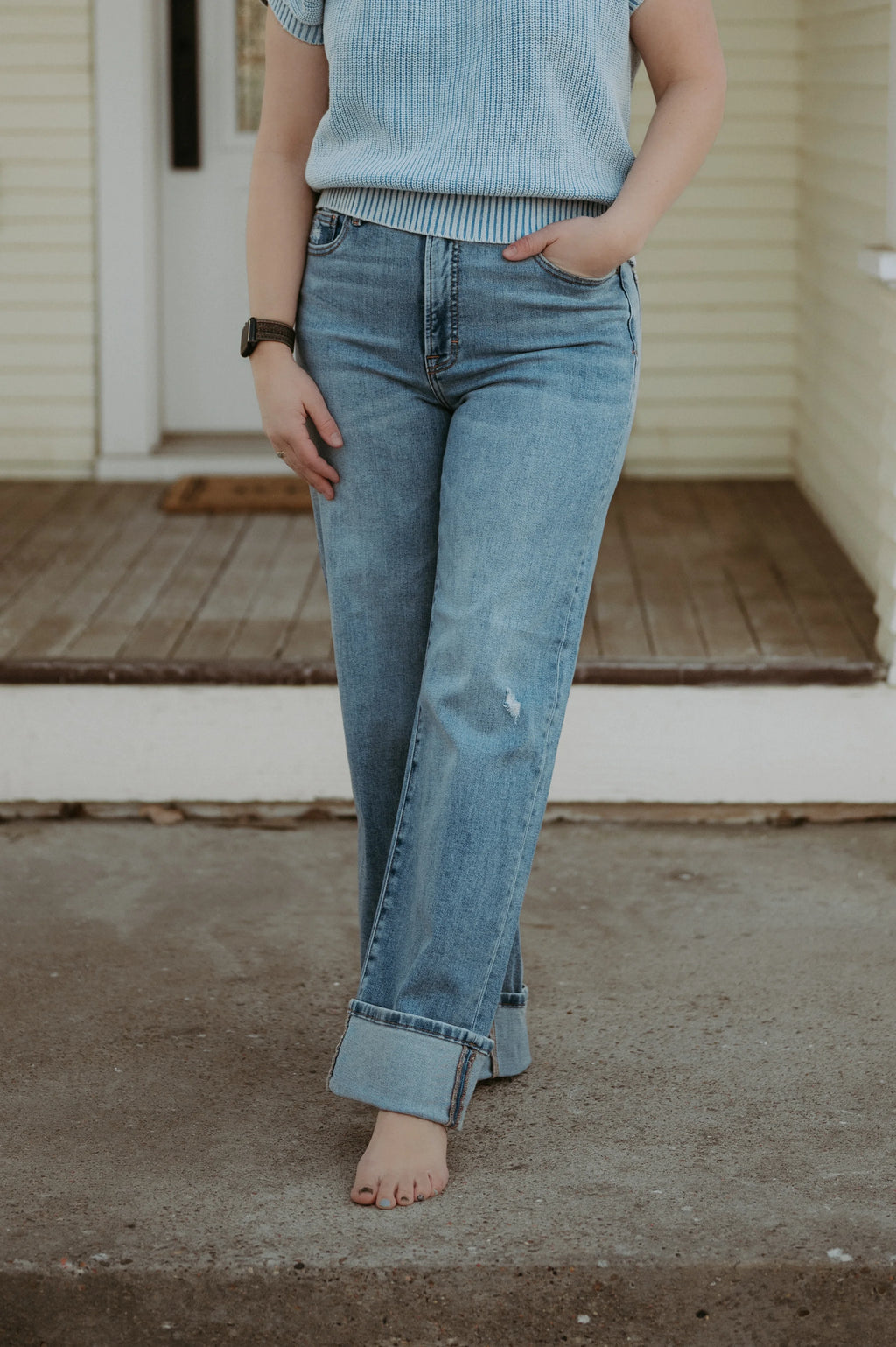 Hidden Ella Medium Wash High Rise Cuffed Classic Straight Jean